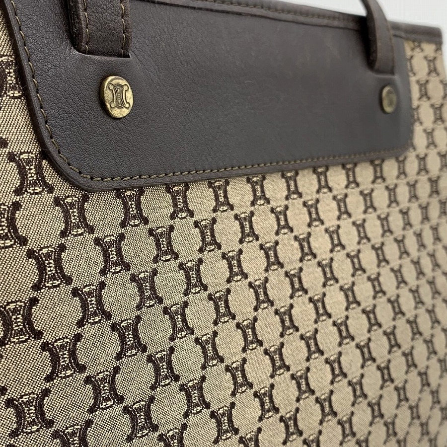 5％OFF!!!セール【6/11まで】CELINE セリーヌ マカダム キャンバス地ハンドバッグ ヴィンテージ レザー ブラウン