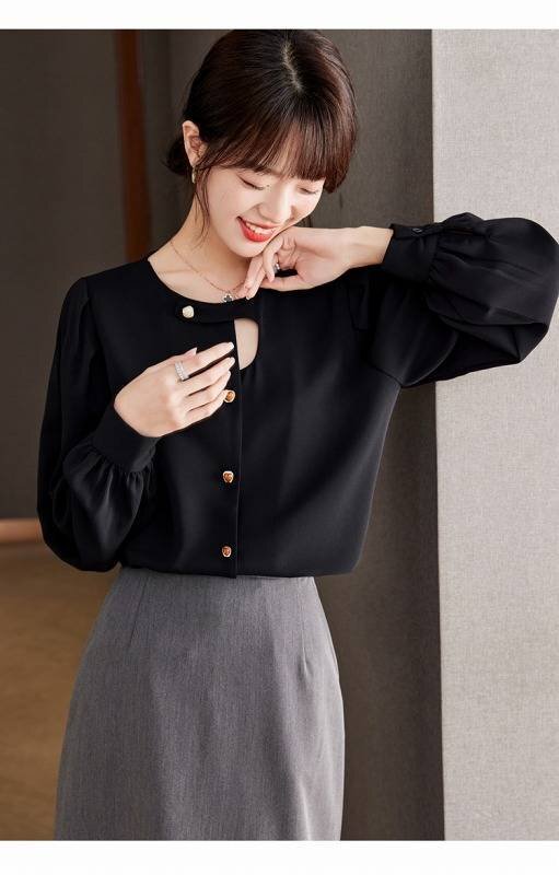  all 2 color long sleeve shirt .. braided long sleeve blouse beautiful . work OL commuting office casual [ large size equipped ] 2XL black 