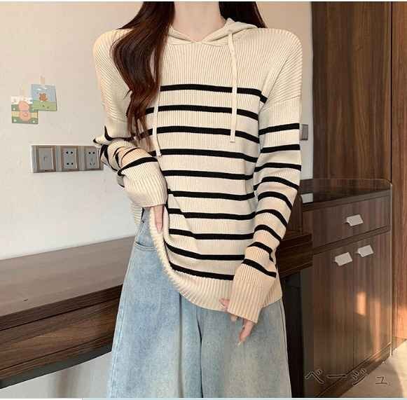  knitted tops long sleeve casual cut and sewn simple border pattern with a hood .[ large size equipped ] autumn winter 4XL black 