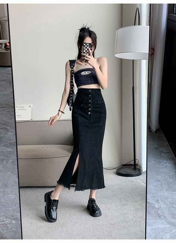  all 2 color Denim skirt tight skirt high waist slit frill Denim simple M black 