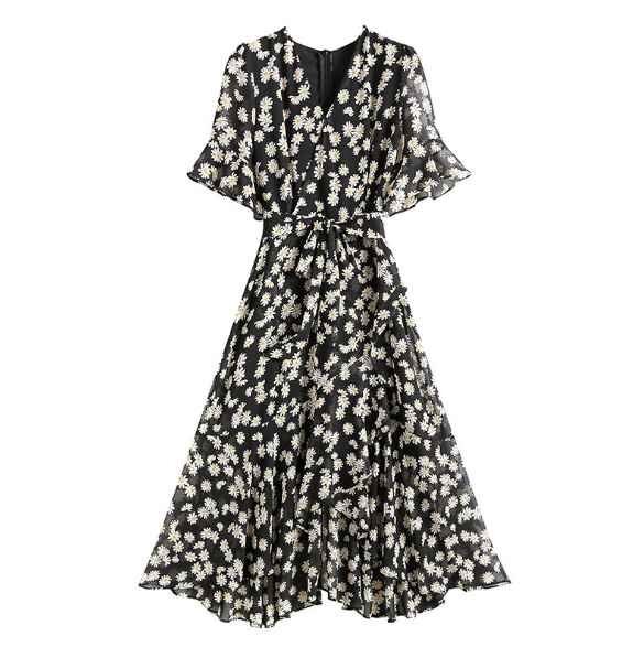  chiffon gown LAP One-piece dress floral print V neck ribbon long height 2XL floral print 