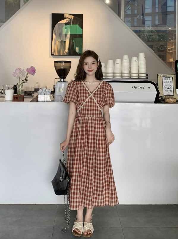  all 2 color short sleeves One-piece frill retro long dress check pattern [ large size equipped ] 2XL black 