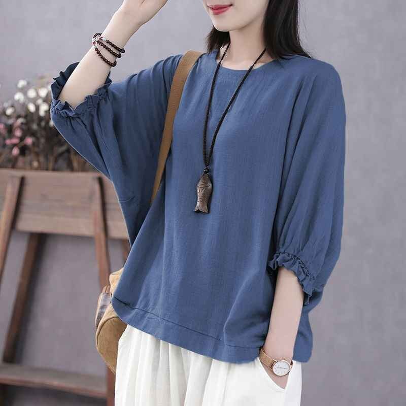  7 minute sleeve shirt summer tops simple stylish lady's large size equipped 3XL blue 