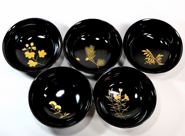 ☆名品 波千鳥蒔絵煮物椀五客 研出蒔絵 高蒔絵 天然木漆塗|漆芸 ☆名品 波千鳥蒔絵煮物椀五客 研出蒔絵 高蒔絵 天然木漆塗|漆芸