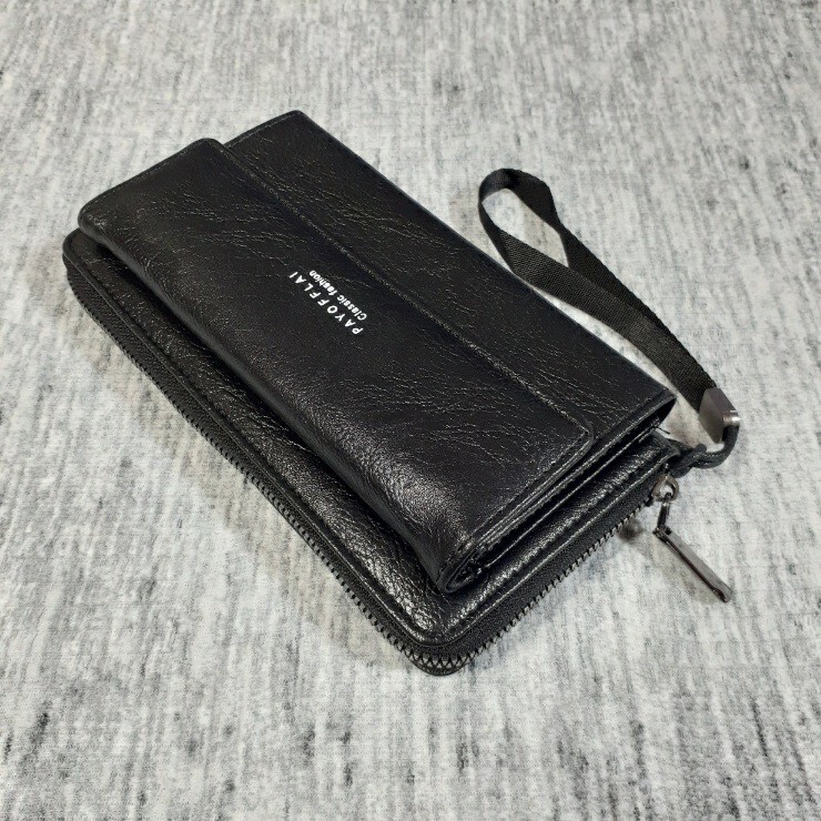 【新品】 おすすめ シンプル おしゃれ 大容量 メンズウォレット スマホ収納 ジッパー ストラップ付き 長財布 ロングウォレット ブラック 黒