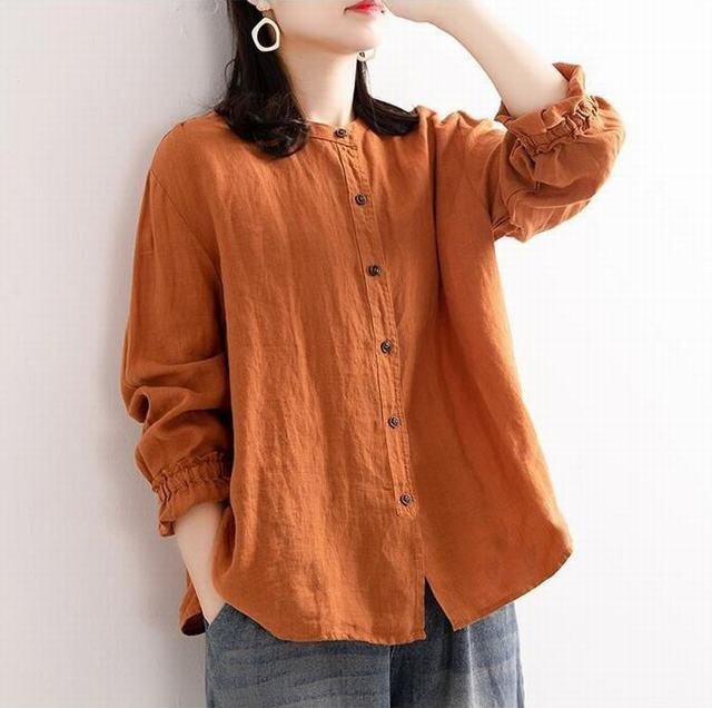 ... cotton flax shirt lady's blouse spring autumn linen long sleeve shirt blouse flax . tops comfortable orange L