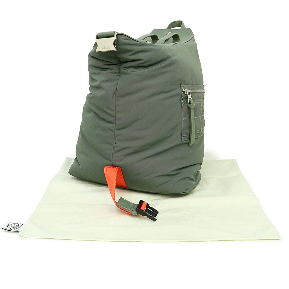 （中古）ロエベ LOEWE コンバーチブル バックパック リュック デイパック ナイロン クラシックカーフ カーキグリーン オレンジ B777W36X02