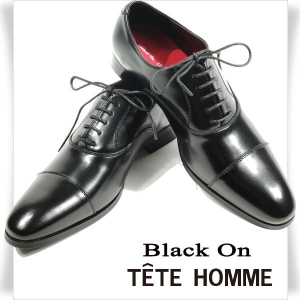 新品1円～★定価1.4万 Black On TETE HOMME テットオム アクションレザー ビジネスシューズ 26.5cm ブラック 黒 ストレートチップ ◆8582◆