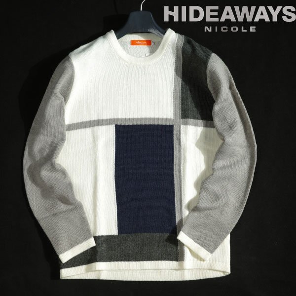 新品1円～★HIDEAWAYS NICOLE ハイダウェイ ニコル メンズ 秋冬 長袖 ブロッキングクルーネックニット 46 M 白 本物 ◆9217◆