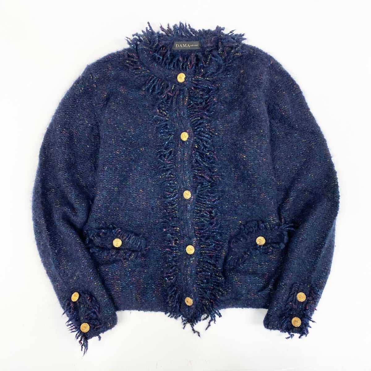 Lk29 DAMA collection ダーマコレクション カシミヤ ニットジャケット カーディガン ミックスニット L カシミヤ90 金ボタン レディース