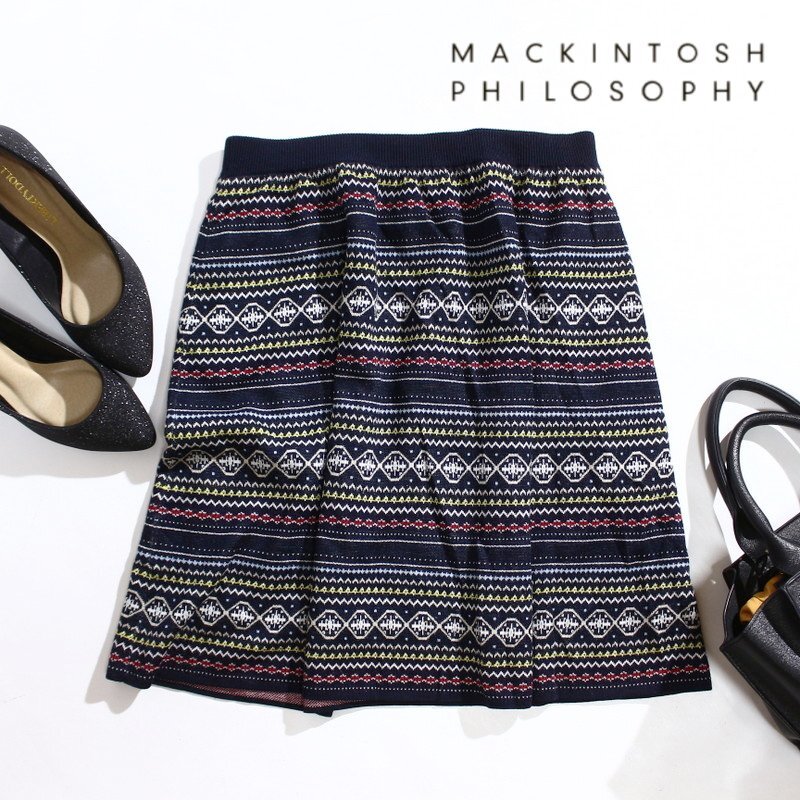 美品 マッキントッシュ フィロソフィー MACKINTOSH 秋 冬 可愛い ノルディック 柄 膝丈 ニットスカート 9号 38 ネイビー 紺 お洒落