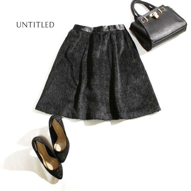 美品 厚手 アンタイトル UNTITLED 株) ワールド 冬 真冬 ウール混 合皮レザー アルパカ ファースカート 2 M ブラック 黒 可愛(ài)い ふわふわ