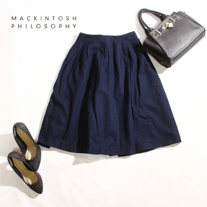 美品 マッキントッシュ フィロソフィー MACKINTOSH PHILOSOPHY 秋 冬 毛100％ 膝下丈 ウール フレアスカート 7号 36 ネイビー 紺 通勤 仕事