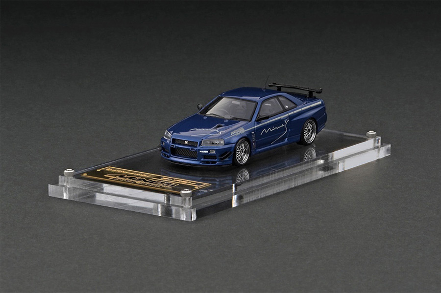 ■イグニッションモデル 1/64 マインズ ニッサンスカイラインGT-R (R34) ベイサイドブルー Mine's