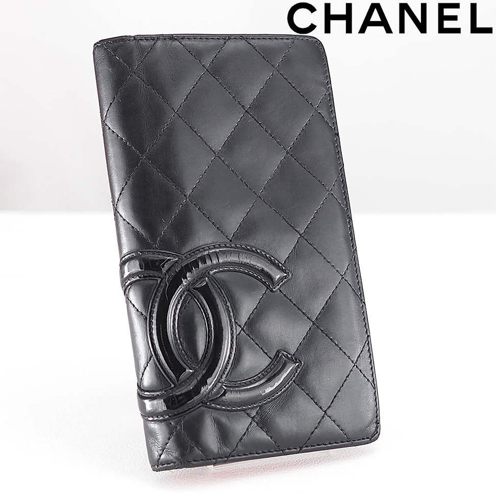 CHANEL シャネル カンボンライン 二つ折り　長財布　ブラック×ピンク