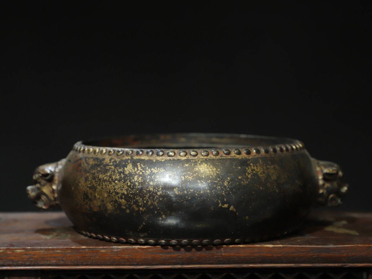 蔵友旧蔵出 銅製 拓金 雙獣耳熏香爐 密宗密教 供養品 仏教美術品