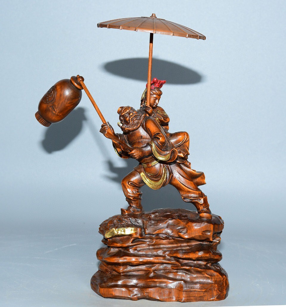 蔵友旧蔵出 黄楊木 細密彫 彩繪 鐘馗嫁妹 置物 古賞物 稀少珍藏品 中国時代美術品