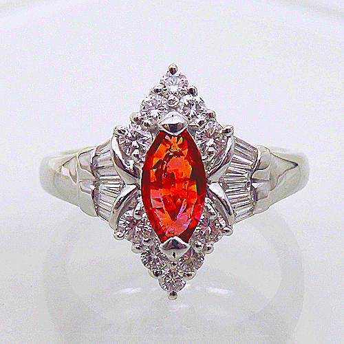 ピンクサファイアリング 0.428ct D0.58ct Pt 帯橙ピンク ソーティング付 瑞浪鉱物展示館 5612