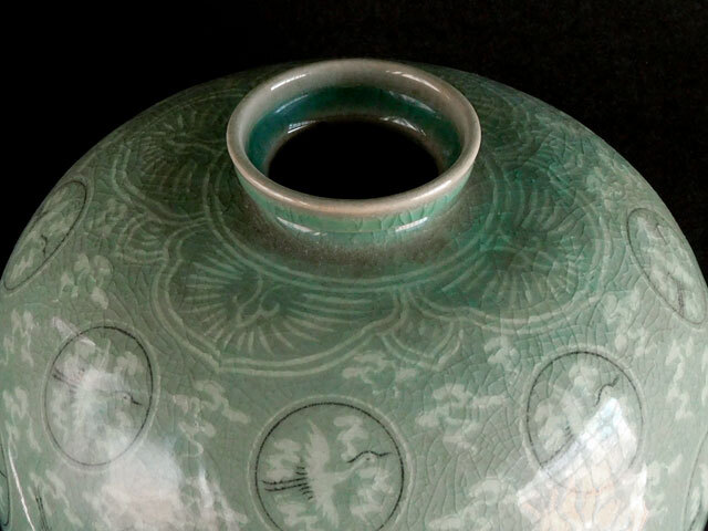 韓国人間国宝 柳海剛 草花紋様四耳壺 約30×20cm 梅瓶 花器 高麗