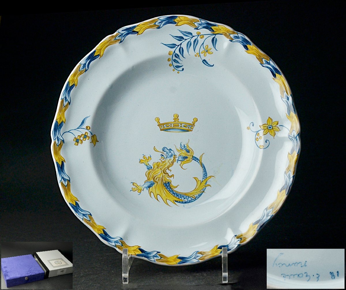 【YB】Emile Galle(エミール・ガレ) 紋章文皿・プレート(1880年頃)施釉軟質陶器【技法】絵付け ★19世紀初頭西洋アンティーク花器24Y999