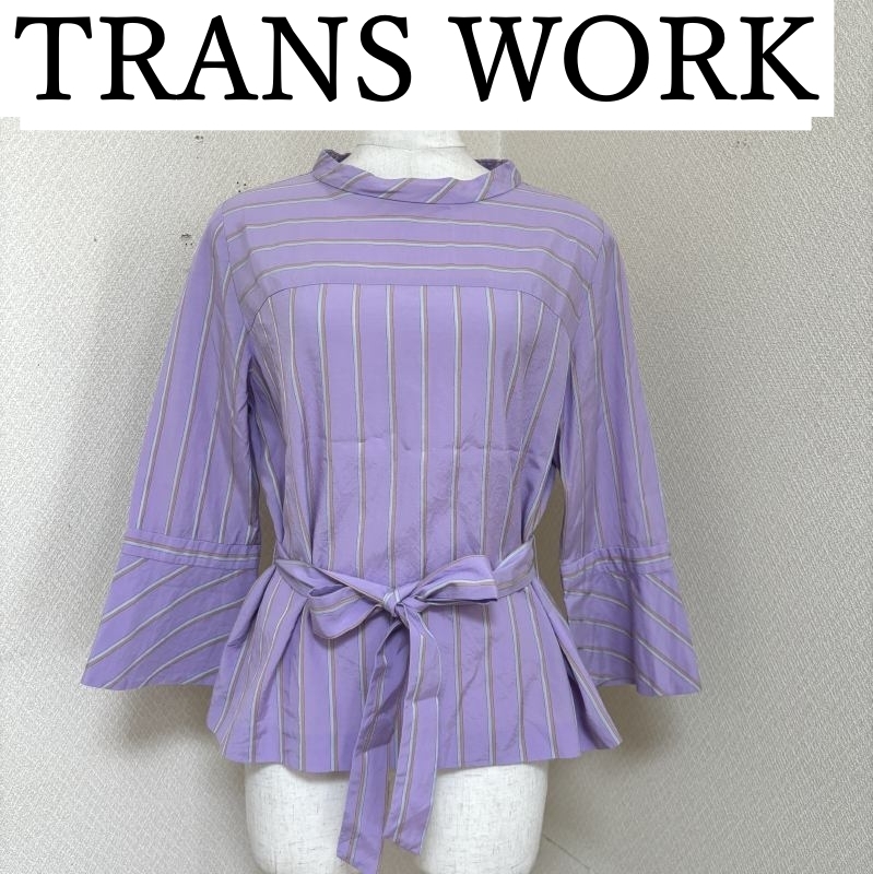 TRANS WORK トランスワーク プルオーバーブラウス 7分袖 ウエストリボン パープル ストライプ 40号
