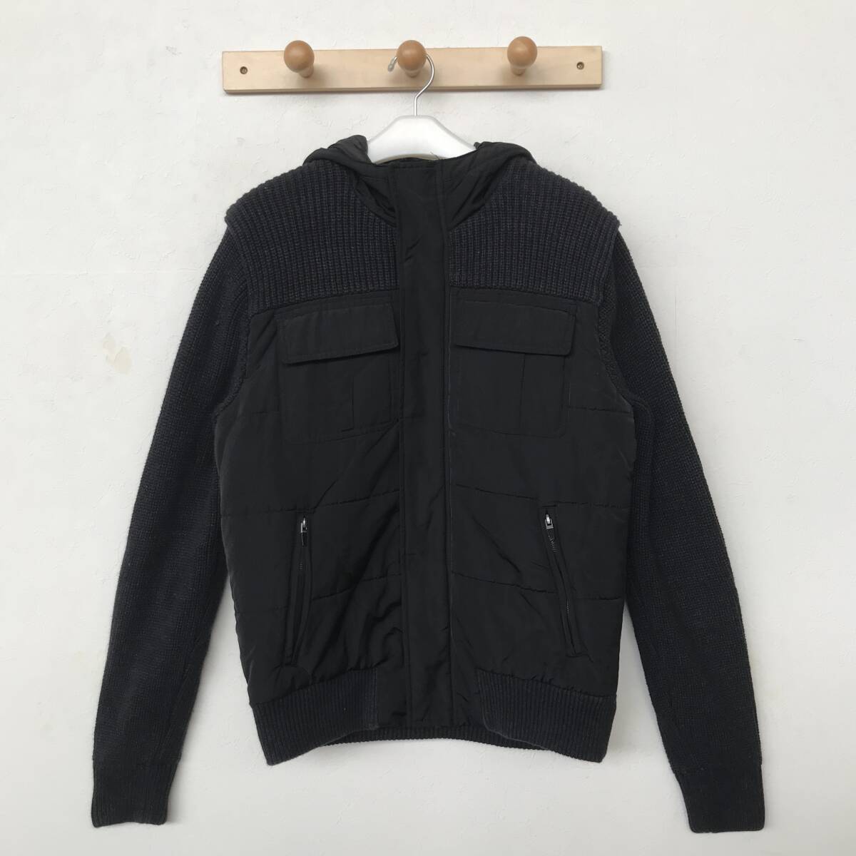 ZARA MAN ザラマン ニット×ナイロン 前面中綿入り 切り替えフルジップパーカー エルボーパッチ付き 良品 size 42/XL