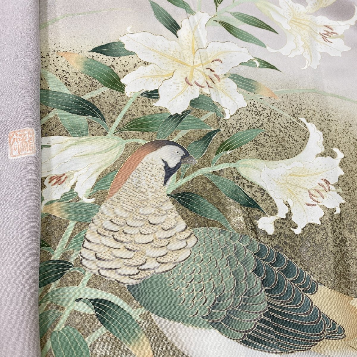 着物月花　秀美　手描き友禅　刺繍　金彩　ぼかし染　品のある花鳥　訪問着　正絹　金糸　共八掛　ガード加工　ki3132