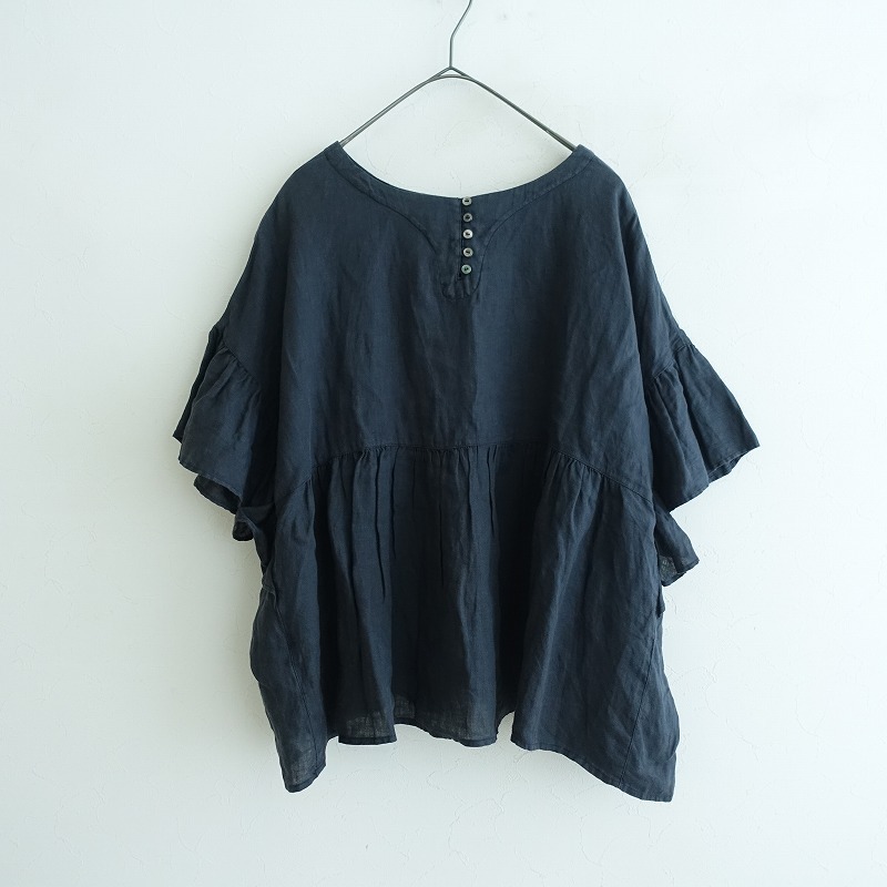 【2024/定価2.4萬】ネストローブ nest Robe *リネンラッフル袖2wayブラウス*Fワイド麻ブラック黒薄手(4-2410-38)【30K42】