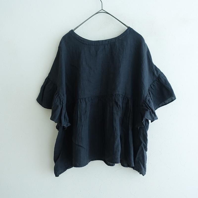 【2024/定価2.4萬】ネストローブ nest Robe *リネンラッフル袖2wayブラウス*Fワイド麻ブラック黒薄手(4-2410-38)【30K42】