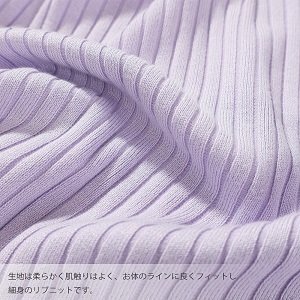 リブニット コンパクト Tシャツ レディース 半袖 トップス カットソー ニットソー 五分袖　パープル 　II0400