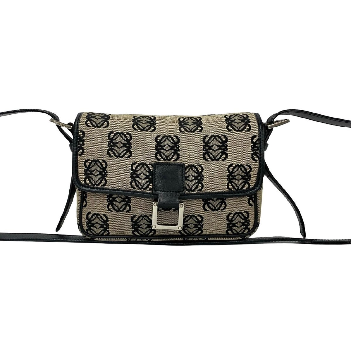 極 美品 希少品 LOEWE ロエベ アナグラム ロゴ 総柄 キャンバス レザー 本革 ミニ ショルダーバッグ ポシェット サコッシュ ブラック 49126