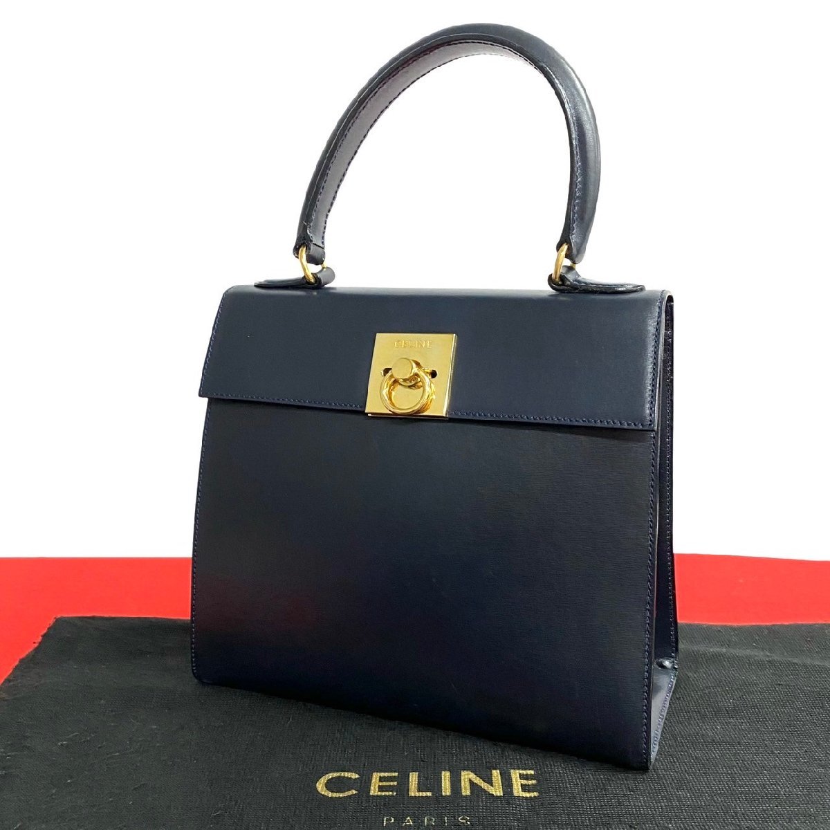 極 美品 希少品 袋付き CELINE セリーヌ ヴィンテージ ロゴ リング 金具 レザー 本革 ハンドバッグ ミニ トートバッグ ネイビー 421-5