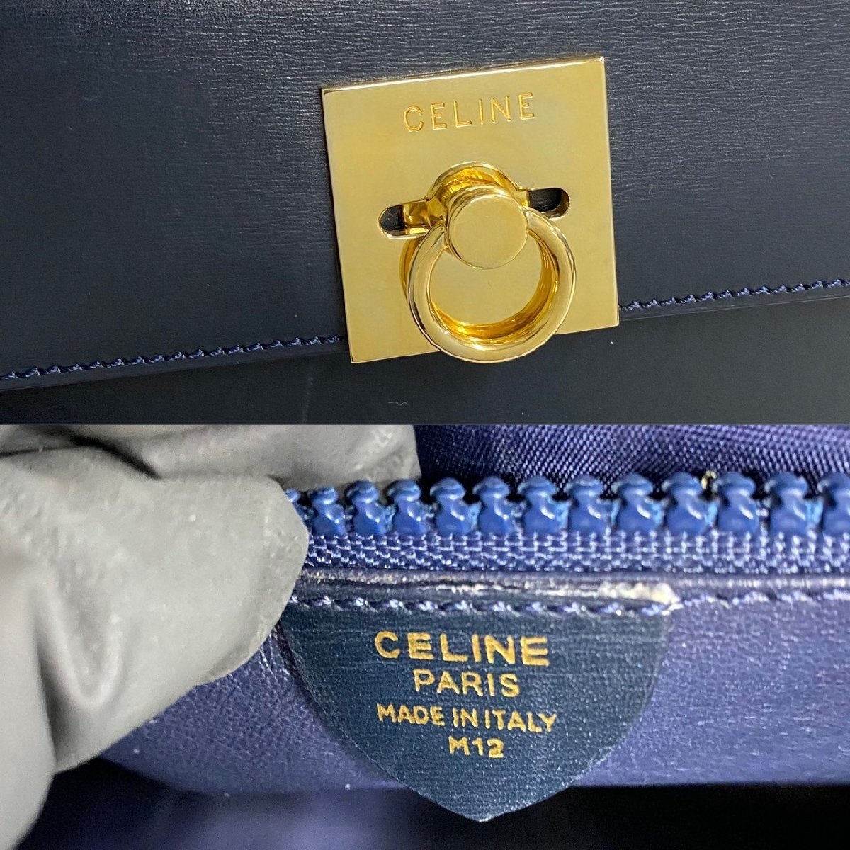 極 美品 希少品 袋付き CELINE セリーヌ ヴィンテージ ロゴ リング 金具 レザー 本革 ハンドバッグ ミニ トートバッグ ネイビー 421-5