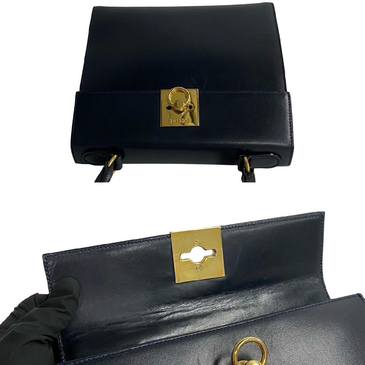 極 美品 希少品 袋付き CELINE セリーヌ ヴィンテージ ロゴ リング 金具 レザー 本革 ハンドバッグ ミニ トートバッグ ネイビー 421-5