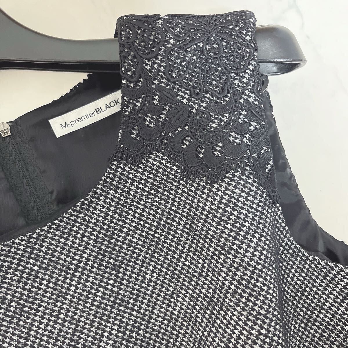 M-premierBLACK エムプルミエブラック◆レース×ツイード調(diào)千鳥格子 ワンピース 36 黒白◆BLENHEIM エムズセレクト