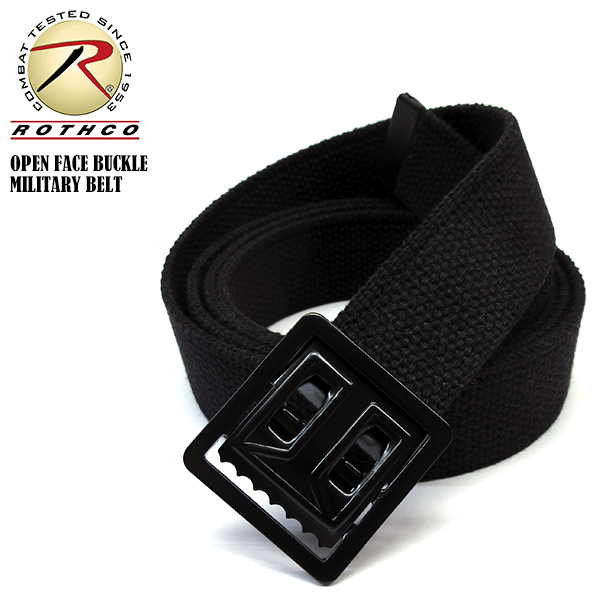 [送料260円]ROTHCO 新品 オープンフェイス バックル ベルト (黒黒) コットン キャンバス GI BELT サバゲー 長い ミリタリー 無地