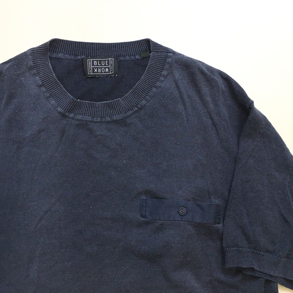 ★ BLUE WORK ◆ 麻 半袖 ニット ネイビー Sサイズ 制品加工 薄手 ニットソー カットソー ブルーワーク トゥモローランド ◆W5 つGF7M-23