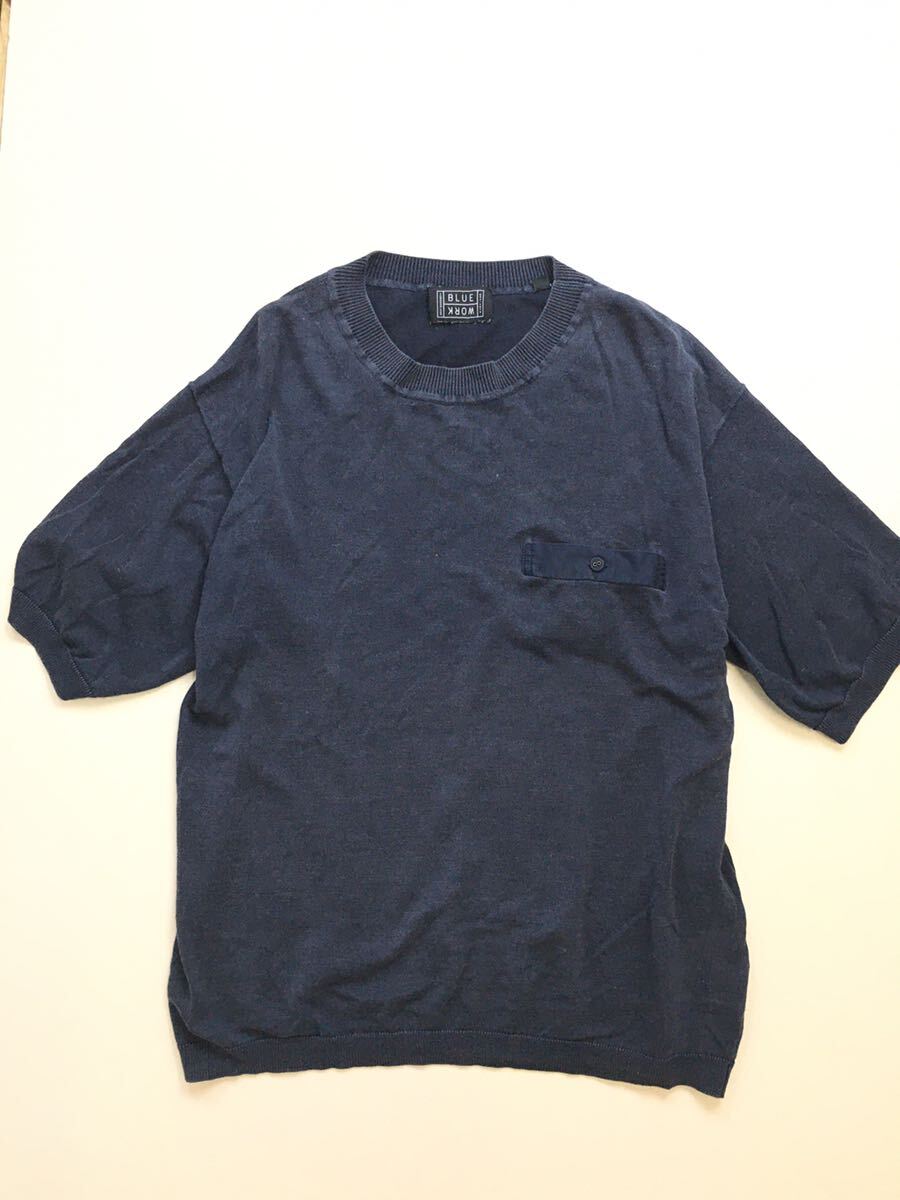 ★ BLUE WORK ◆ 麻 半袖 ニット ネイビー Sサイズ 制品加工 薄手 ニットソー カットソー ブルーワーク トゥモローランド ◆W5 つGF7M-23