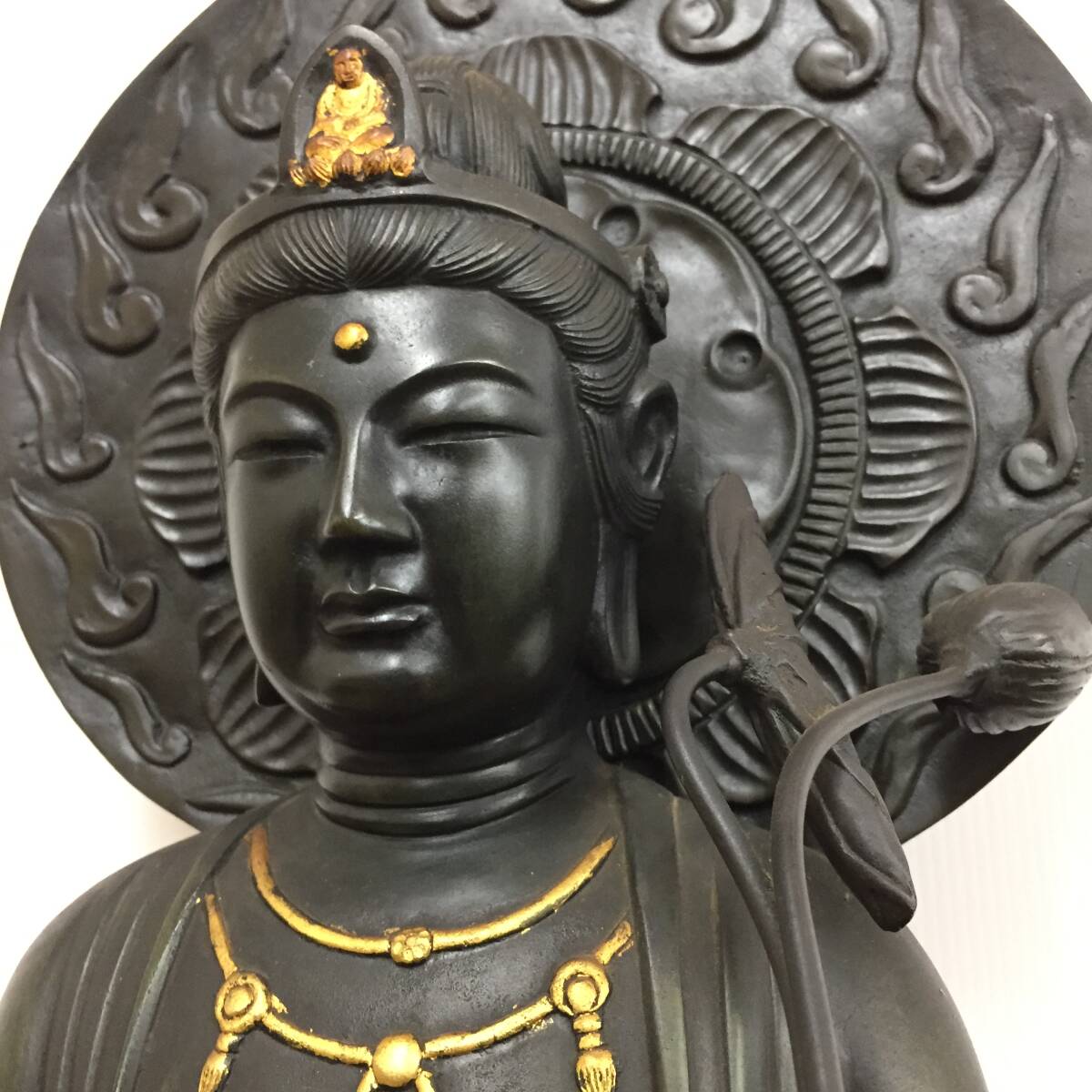 [札幌発・店頭引取歓迎]聖観音菩薩 仏教美術 古銅 高さ約111cm 重量約22kg 仏像 立像 置物 アンティーク 24k菊DO