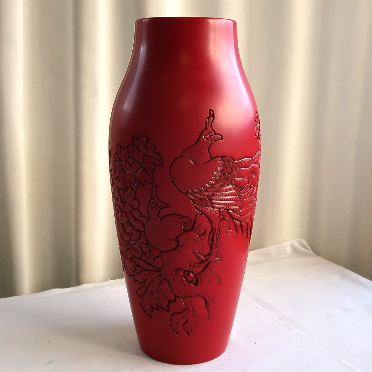 三野原晃一 村上木彫堆朱 花瓶 花鳥 孔雀 天然漆 茶道具 華道 共箱 極美品 村上堆朱 三野原 晃一 花瓶 花入 花器 漆器 漆芸 共箱 栞 未使用