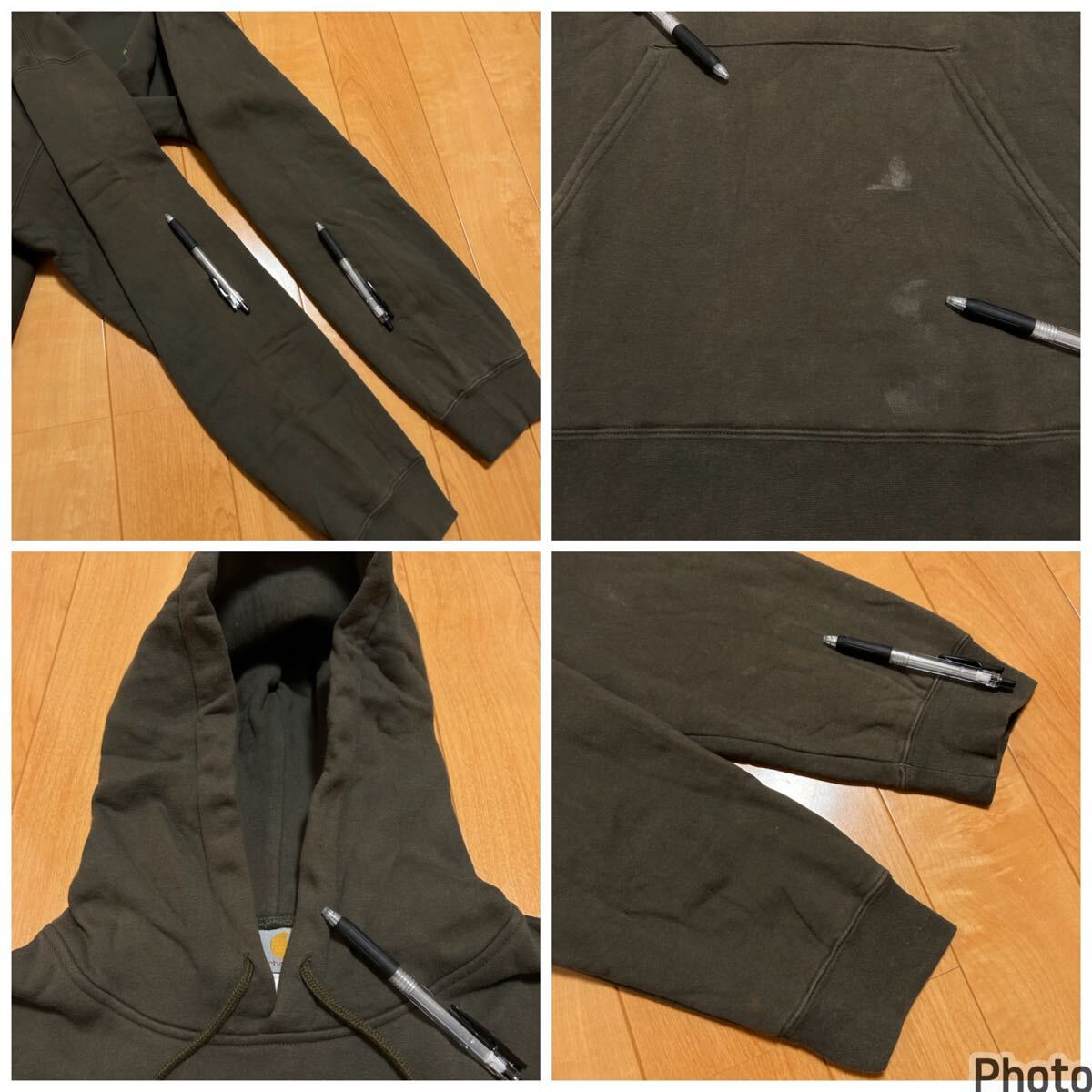 雰囲気系☆カーハート オーバーサイズXL大き目　裏起毛スウェットパーカ 正面BIGロゴマーク入！&カンガルーポケット付.フーディ オリーブ緑_画像10