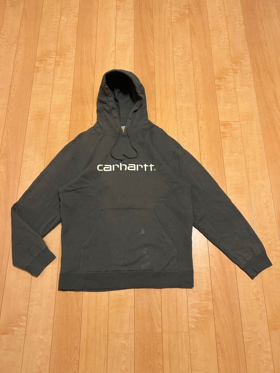 雰囲気系☆カーハート オーバーサイズXL大き目　裏起毛スウェットパーカ 正面BIGロゴマーク入！&カンガルーポケット付.フーディ オリーブ緑_画像1