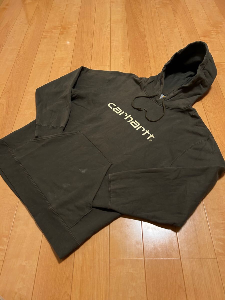 雰囲気系☆カーハート オーバーサイズXL大き目　裏起毛スウェットパーカ 正面BIGロゴマーク入！&カンガルーポケット付.フーディ オリーブ緑_画像2