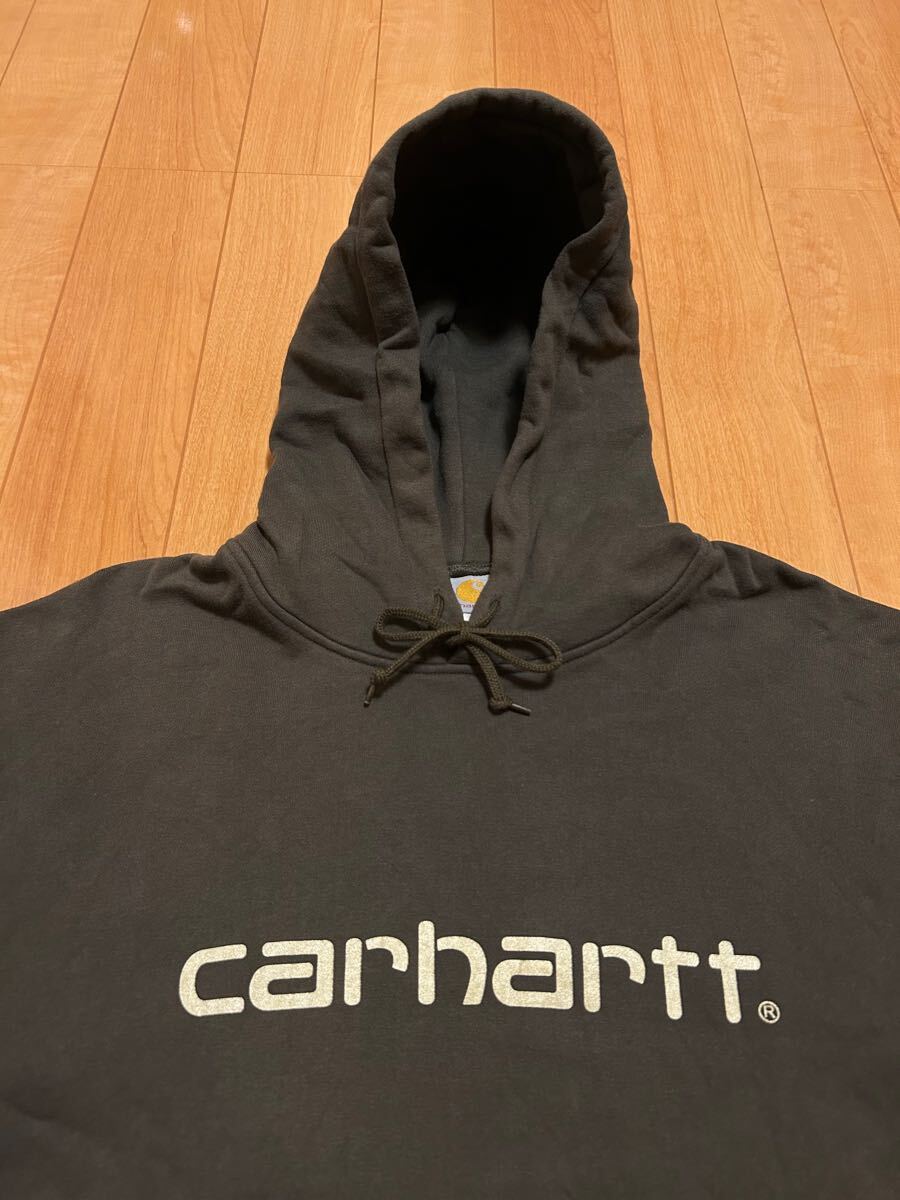 雰囲気系☆カーハート オーバーサイズXL大き目　裏起毛スウェットパーカ 正面BIGロゴマーク入！&カンガルーポケット付.フーディ オリーブ緑_画像3