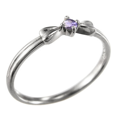 指輪 白金（プラチナ）900 リボン デザイン 一粒 アメシスト(紫水晶) 2月の誕生石