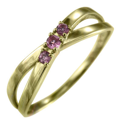  ring pink tourmaline Cross jewelry 3 stone 18 gold yellow gold 10 month. birthstone X type 