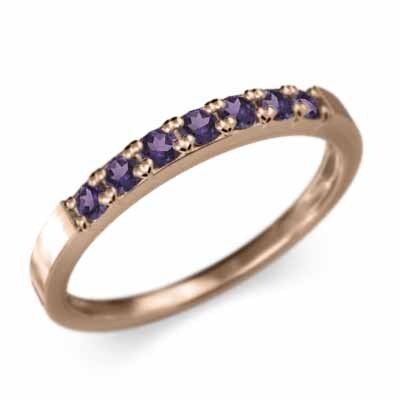 アメシスト(紫水晶) 平打ちの 指輪 ハーフ エタニティー リング 細身 リング 10kピンクゴールド 2月誕生石 幅約2mmリング 少し細め
