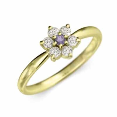 リング フラワー アメシスト(紫水晶) 天然ダイヤモンド 2月の誕生石 18kイエローゴールド
