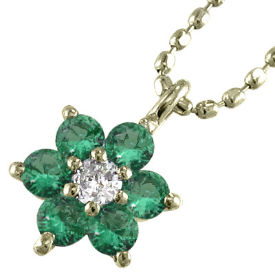 k10イエローゴールド ペンダント ネックレス エメラルド ダイヤモンド 5月の誕生石 フラワー 花