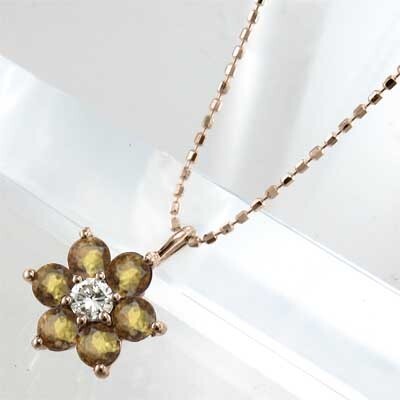 ジュエリー ネックレス 18金ピンクゴールド 花 モチーフ シトリントパーズ ダイヤモンド 11月誕生石